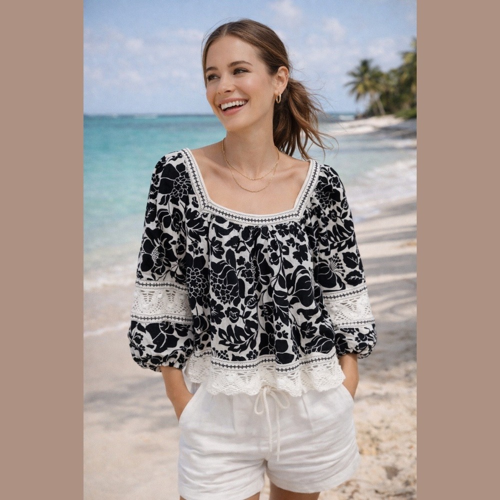 Rachel‎ Zoe Womens XL Linen Blend Crochet Lace Balloon Sleeve Top Summer Beachy